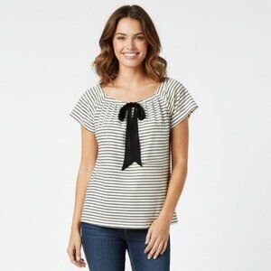 LOFT Ann Taylor Women Blouse Striped Scoop Neck Cap Sleeve Bow Tie Cream Black